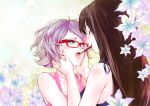  2girls blush brown_hair closed_eyes flower glasses hands_on_another&#039;s_cheeks hands_on_another&#039;s_face lily_(flower) multiple_girls original patipat_asavasena pocky pocky_kiss shared_food short_hair silver_hair sparkle yuri 