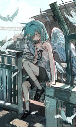  1girl angel_wings black_ribbon black_shoes black_shorts blue_hair expressionless feathered_wings full_body hair_ornament hairclip heic-to-png_conversion highres lanse_de_xingxing looking_at_viewer medium_hair on_railing original outdoors railing ribbon shoes short_hair shorts sitting sky socks solo star_(symbol) tank_top white_socks wings yellow_eyes 