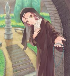  1girl an_dres_art bench black_robe character_request commentary_request copyright_request courtyard day fingernails full_body hand_on_own_chest highres holding_rosary incoming_gift leaning_forward long_hair long_sleeves looking_at_viewer monastery nun original robe sandals smile solo stairs standing statue toenails yellow_eyes 