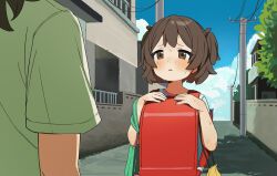  2girls absurdres backpack bag blue_sky blush brown_eyes brown_hair child clouds commentary day dot_nose green_bag hair_tie highres house kyamimasita looking_at_another multiple_girls original outdoors power_lines raised_inner_eyebrows randoseru red_bag sad shirt short_hair short_twintails sky solo_focus suburb sweat tree twintails utility_pole white_shirt yellow_bag 