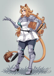  1girl animal_ear_fluff animal_ears arm_behind_back armor belt black_pants blue_eyes breasts brown_hair chest_protector commission crescentia_fortuna from_side full_body gauntlets green_background hand_on_own_hip highres knee_guards knight lion_ears lion_girl lion_tail lips long_hair looking_at_viewer medium_breasts open_mouth original pants pauldrons shoulder_armor smile solo tabard tail very_long_hair white_tabard 