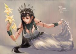  1girl armlet artist_name bare_shoulders black_hair bracelet breasts commentary crown dress earrings english_commentary felineonmars final_fantasy final_fantasy_vii final_fantasy_vii_rebirth final_fantasy_vii_remake flower full_body gradient_background holding holding_flower holding_own_dress jewelry large_breasts lily_(flower) lips long_dress long_hair low-tied_long_hair official_alternate_costume princess_rosa_costume red_eyes signature sitting solo tiara tifa_lockhart tifa_lockhart_(loveless_dress) twitter_username white_dress yellow_flower yokozuwari 