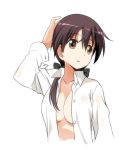  1girl breasts brown_eyes brown_hair collarbone gertrud_barkhorn large_breasts open_clothes open_mouth open_shirt strike_witches umekichi white_background 
