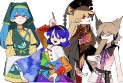  4girls 950magi618 apron black_dress black_hat blonde_hair blue_hair cape chinese_clothes commentary_request crescent_print dalachi_(headdress) dress earmuffs green_apron green_headscarf grin hairband haniyasushin_keiki hat headscarf highres jewelry junko_(touhou) long_hair long_sleeves magatama magatama_necklace multicolored_dress multicolored_hairband multiple_girls neck_ribbon necklace patchwork_clothes pointing pointing_down pointing_up pointy_hair purple_hair purple_ribbon rainbow_gradient rainbow_hairband red_eyes red_tabard ribbon ritual_baton shirt simple_background single_strap sky_print sleeveless sleeveless_shirt smile tabard tenkyuu_chimata tenkyuu_chimata_pose touhou toyosatomimi_no_miko two-sided_cape two-sided_fabric violet_eyes white_background white_cape wide_sleeves yellow_dress yellow_eyes yellow_ribbon 