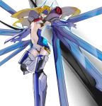  1girl blazblue blonde_hair blue_eyes breasts crotch_plate ear_protection forehead_protector hyakuhachi_(over3) long_hair mecha_musume mechanical_wings mu-12 navel necktie outstretched_arm pauldrons revealing_clothes small_breasts solo underboob wings 