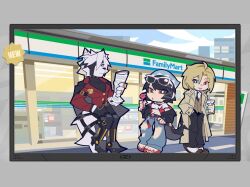 1girl 2boys ahoge animal_ears black_jacket black_necktie black_pants blonde_hair blue_hat blue_pants body_fur brown_coat candy chibi chibi_only coat collared_shirt crop_top cup denim ellen_joe eyewear_on_head fins fish_tail food furry furry_male green_eyes hand_in_pocket hat heterochromia holding holding_candy holding_cup holding_food holding_newspaper hugo_vlad jacket jeans lollipop long_hair mole mole_under_eye multiple_boys muzzle_(mask) necktie newspaper official_alternate_costume open_mouth outdoors pants prosthesis prosthetic_leg red_coat red_eyes shark_girl shark_tail shirt smile tail tail_belt torn_clothes torn_jeans torn_pants von_lycaon washan white_fur wolf_boy wolf_ears wolf_tail zenless_zone_zero 