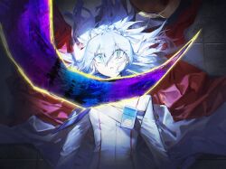  1boy alien_888 arms_at_sides belt_pouch blue_hair claw_(weapon) claws coat commentary duel_monster eyes_visible_through_hair facing_viewer glowing glowing_claws glowing_weapon green_eyes green_hair hair_between_eyes hair_over_one_eye hat highres long_sleeves looking_ahead lying male_focus monster on_back on_ground orange_hat parted_lips pouch single_shoulder_pad spiky_hair surprised tile_floor tiles unworn_hat unworn_headwear vignetting weapon weapon_to_neck white_coat yu-gi-oh! yu-gi-oh!_go_rush!! yudias_velgear 