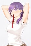  1girl matou_sakura mouth_hold purple_hair ribbon solo t-shirt tam_(cuq) violet_eyes 
