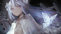  1girl absurdres bug butterfly closed_mouth cokei commentary dot_nose flower hair_flower hair_ornament highres long_hair looking_to_the_side original outdoors solo violet_eyes white_hair 