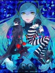  amamiya_ren ball_chain black_hair black_jacket black_shoes bound closed_eyes glasses gloves highres jacket joker_(persona_5) lavenza_(persona_5) long_hair looking_at_viewer megami_tensei oui_zen persona persona_5 prison_clothes red_eyes red_gloves shoes short_hair striped_clothes tied_up_(nonsexual) yellow_eyes 