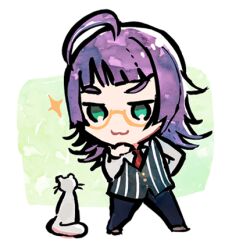  1boy :3 ahoge black_pants black_vest blunt_bangs chibi chibi_only commentary_request full_body glasses green_background green_eyes hand_on_own_chin jack_jeanne long_hair long_sleeves looking_at_animal lowres male_focus necktie neji_kokuto onaka_(jack_jeanne) pants pinstripe_pattern pinstripe_vest purple_hair red_necktie school_uniform semi-rimless_eyewear shirt simple_background solo sparkle standing stroking_own_chin under-rim_eyewear vest weasel white_shirt yuhazu_(rhe-rhe) 