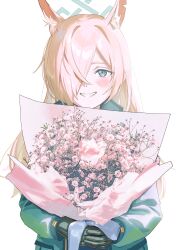  1girl absurdres animal_ear_fluff animal_ears black_gloves blonde_hair blue_archive blue_eyes blue_halo blue_jacket bouquet commentary_request dog_ears dog_girl extra_ears flower flower_request gloves grin hair_over_one_eye halo highres holding holding_bouquet jacket kanna_(blue_archive) long_hair long_sleeves looking_at_viewer losk notched_ear pink_flower sharp_teeth simple_background smile solo teeth upper_body white_background 