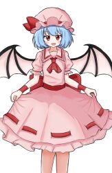  1girl :d ascot back_bow bat_wings blue_hair blush bow commentary_request frilled_skirt frills hat hat_bow highres holding_own_skirt looking_at_viewer medium_hair mob_cap open_mouth pink_hat pink_shirt pink_skirt puffy_short_sleeves puffy_sleeves red_ascot red_bow red_eyes remilia_scarlet ribbon-trimmed_skirt ribbon_trim shirt short_sleeves simple_background skirt skirt_set smile solo touhou vold white_background wings 