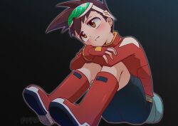  1boy artist_name blue_shorts boots brown_eyes brown_hair commentary english_commentary eyewear_on_head fingerless_gloves geo_stelar_(mega_man) gloves highres long_sleeves looking_up male_focus mega_man_(series) mega_man_star_force_(series) parted_lips pupuypuyu red_boots red_gloves red_shirt shirt shorts simple_background solo spiky_hair twitter_username 