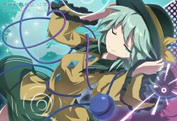  1girl black_hat bow buttons closed_mouth collared_shirt commentary_request diamond_button disembodied_linked_eye eyeball frilled_shirt_collar frilled_sleeves frills green_eyes green_hair green_skirt gurina_15 hat hat_bow heart heart_of_string highres komeiji_koishi long_sleeves looking_at_viewer one_eye_closed shirt skirt smile solo touhou watermark wide_sleeves yellow_bow yellow_shirt 