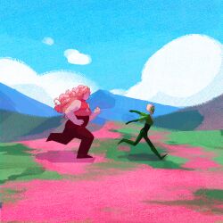  2girls blonde_hair clouds commentary english_commentary fat full_body gem_(steven_universe) grass homeworld_gem_uniform multiple_girls original outdoors peridot_facet_6c4t_cut_2xj pink_hair ringlets rose_quartz_facet_5_cut_5xl running short_hair sky steven_universe thefaeriemerchant 