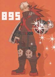  1boy absurdres alt_text bakugou_katsuki belt black_boots black_shirt blonde_hair boku_no_hero_academia boots buckle closed_mouth commentary_request drop_shadow explosive full_body gauntlets gloves grenade high_collar highres knee_pads koromo06418109 long_sleeves looking_at_viewer male_focus multicolored_shirt orange_background outstretched_arm red_eyes red_gloves red_shirt shirt short_hair snap-fit_buckle solo spiky_hair standing two-sided_gloves very_short_hair 