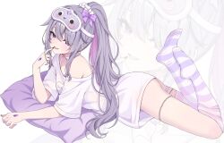  1girl absurdres alternate_hairstyle asymmetrical_legwear black_nails bow breasts castellayaki chest_jewel choker colored_inner_hair finger_to_mouth gem grey_hair hair_bow hair_over_one_eye hand_jewel high_ponytail highres hololive hololive_english jewel_under_eye koseki_bijou koseki_bijou_(pebble_pajamas) legs_up long_hair long_shirt long_sidelocks looking_at_viewer lying mask mask_on_head mismatched_legwear multicolored_hair multicolored_thighhighs nail_polish official_alternate_costume on_cushion on_stomach ponytail purple_bow purple_hair purple_thighhighs shirt sidelocks single_bare_shoulder single_off_shoulder sleep_mask small_breasts striped_clothes striped_thighhighs thigh-highs thigh_strap two-tone_thighhighs violet_eyes virtual_youtuber white_choker white_shirt zoom_layer 