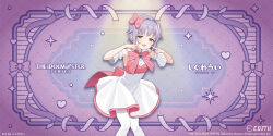  1girl artist_name back_bow border bow brown_eyes commentary_request copyright_name cowboy_shot dress guest_art hair_bow hair_intakes half-closed_eyes highres idolmaster idolmaster_cinderella_girls inset_border koshimizu_sachiko large_bow leaning_forward looking_at_viewer official_art open_mouth ornate_border pantyhose pink_bow purple_background purple_hair raised_eyebrows red_bow second-party_source shigure_ui short_dress short_hair sleeveless sleeveless_dress smile solo striped_bow white_dress white_pantyhose 
