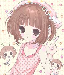  1girl 2000s_(style) :< \m/ absurdres bare_arms blunt_bangs bob_cut brown_eyes brown_hair chibi chibi_inset child diagonal-striped_background faux_retro_artstyle food_print fruit_print hair_ornament hairclip hand_up hat highres juju_(ccllrr) layered_clothes looking_at_viewer original parallel_hairclips pink_hat pink_shirt plaid_clothes plaid_shirt print_shirt red_shirt shirt short_hair skinny sleeveless sleeveless_shirt solo strawberry_print striped_background two_side_up upper_body yellow_background 
