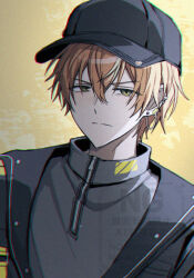 1boy after_the_fire_(project_sekai) baseball_cap black_hat black_jacket blonde_streaks closed_mouth commentary ear_piercing earrings green_eyes grey_shirt hat jacket jewelry male_focus multicolored_hair official_alternate_costume orange_hair piercing project_sekai pru_531 serious shinonome_akito shirt short_hair sidelighting solo split_mouth streaked_hair turtleneck turtleneck_shirt untranslatable_commentary upper_body v-shaped_eyebrows watermark yellow_background zipper zipper_pull_tab 