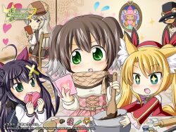 3girls ahoge animal_ears artist_name avatar_(eco) black_hair black_hat blonde_hair book bow bowl brown_cloak brown_gloves brown_hair brown_hat brown_scarf chibi chibi_only chocolate cloak company_name cooking copyright_logo copyright_notice corset cross_hair_ornament emil_chronicle_online fox_ears gift gloves green_eyes hair_bow hair_ornament hat holding holding_book holding_bowl holding_gift holding_spatula jacket kiyohime_lore logo mitama_mei mixing_bowl mukyuu_(mukyu's_paradise) multicolored_hair multiple_girls official_alternate_costume official_art open_mouth pink_corset pink_skirt purple_bow red_bow red_hat red_jacket scarf school_uniform serafuku shirt sitting skirt spatula top_hat twintails two-tone_hair valentine white_hair white_serafuku white_shirt 
