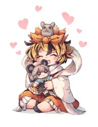  1girl ^_^ animal_print blonde_hair blush brown_streaks character_doll closed_eyes commentary_request doll hagoromo heart highres long_sleeves mame_komari multicolored_hair nazrin open_mouth red_vest shawl shirt sitting smile solo streaked_hair stuffed_animal stuffed_mouse stuffed_toy tiger_print toramaru_shou touhou vest white_shawl white_shirt wide_sleeves 