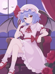  1girl absurdres ascot b3l_rinrin bat_(animal) bat_wings blue_hair bow closed_mouth commentary_request flower frilled_shirt_collar frills full_moon hat hat_ribbon highres indoors mary_janes mob_cap moon night pink_hat pink_shirt pink_skirt puffy_short_sleeves puffy_sleeves red_ascot red_bow red_eyes red_flower red_rose red_shoes remilia_scarlet ribbon rose shirt shoes short_sleeves sitting skirt skirt_set sleeve_bow smile socks solo touhou white_socks wings 