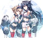  2girls bare_shoulders black_hair blush breasts brown_hair cannon elbow_gloves fingerless_gloves gloves green_eyes hair_ornament hairband headgear highres kantai_collection long_hair midriff multiple_girls mutsu_(kantai_collection) nagato_(kantai_collection) open_mouth personification red_eyes red_legwear short_hair skirt smile soseji thighhighs turret white_gloves 
