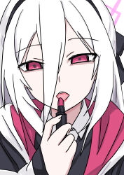  1girl absurdres blue_archive cosmetics hairband halo hatuka_jp highres kei_(blue_archive) kei_(student)_(blue_archive) lipstick long_hair makeup pink_halo red_eyes red_lips solo 