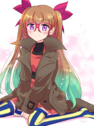  1girl aqua_hair black_shirt blue_gloves blue_thighhighs blush bow brown_coat brown_hair closed_mouth coat commentary_request cropped_shirt fingerless_gloves glasses gloves gradient_hair hair_bow long_hair looking_at_viewer multicolored_hair ohdo_yuamu red-framed_eyewear red_bow red_shirt red_skirt red_streaks s_ebi shirt single_glove skirt smile solo streaked_hair striped_clothes striped_thighhighs thigh-highs two-tone_hair very_long_hair violet_eyes yellow_thighhighs yu-gi-oh! yu-gi-oh!_go_rush!! 
