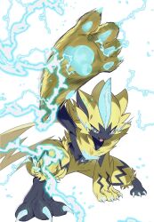  1other :d blue_eyes claws electricity fangs furry highres open_mouth pokemon pokemon_(creature) pokemon_focus smile solo tillubreakin white_background yellow_fur zeraora 