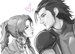  1boy 1girl aerith_gainsborough armor braid braided_ponytail closed_mouth commentary couple cross_scar drill_hair drill_sidelocks earrings english_commentary final_fantasy final_fantasy_vii final_fantasy_vii_remake final_fantasy_vii_revelation from_side hair_ribbon hair_slicked_back heart hetero jacket jewelry long_hair looking_at_another parted_bangs ponytail profile ribbon scar scar_on_cheek scar_on_face short_hair shoulder_armor sidelocks simple_background sleeveless sleeveless_turtleneck smile stud_earrings sweater turtleneck turtleneck_sweater white_background zack_fair zureiil 