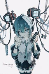  1girl absurdres aqua_eyes aqua_hair aqua_necktie aqua_trim bare_shoulders black_skirt black_sleeves black_thighhighs cable cardiogram chinese_commentary collared_shirt commentary_request cowboy_shot detached_sleeves double-parted_bangs grey_shirt hair_between_eyes hair_intakes hatsune_miku headset highres holding holding_walkie-talkie looking_at_viewer miniskirt mithamaito monitor necktie parted_lips pleated_skirt shirt short_hair sidelocks signature simple_background skirt sleeveless sleeveless_shirt solo thigh-highs triangle_mouth vocaloid walkie-talkie white_background wristband 