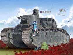  1girl absurdres aircraft airplane backpack bag barefoot biplane blue_boots blue_eyes blue_hair blue_shirt blue_skirt boots chinese_commentary commentary_request flower green_bag green_hat hair_bobbles hair_ornament hat highres iamszc jewelry kawashiro_nitori key key_necklace military_vehicle motor_vehicle necklace outdoors red_flower rubber_boots shirt simple_background skirt solo tank toes touhou two_side_up unworn_boots vehicle_focus 