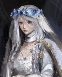 1girl aegyo_sal blue_cape blue_eyes braid cape choker closed_mouth dark_background doll_joints dress elden_ring elden_ring_nightreign flower_wreath gold_trim head_wreath highres jewelry joints koninjinn looking_at_viewer low_twin_braids revenant_(elden_ring) sketch solo twin_braids upper_body veil white_choker white_dress white_hair white_veil 