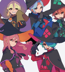  5boys albert_(outlander)_(puyopuyo) albert_(puyopuyo) black_cape black_gloves black_hat blonde_hair blue_hair blue_pants blue_shirt brown_eyes brown_hair brown_shirt cape closed_mouth commentary_request curtained_hair elbow_rest gloves green_cape green_eyes green_shirt hair_over_one_eye hand_on_own_chin hand_up hands_up hat highres interlocked_fingers knees_up long_hair long_sleeves looking_at_viewer matthew_(outlander)_(puyopuyo) matthew_(puyopuyo) miriam_(outlander)_(puyopuyo) miriam_(puyopuyo) multiple_boys one_eye_covered open_mouth orange_cape orange_hat own_hands_clasped own_hands_together pants pink_cape pink_eyes pink_hair pink_hat purple_cape purple_hat purple_pants purple_shirt puyopuyo puyopuyo_quest red_cape red_eyes red_hat red_pants red_shirt richard_(outlander)_(puyopuyo) richard_(puyopuyo) shirt short_hair simple_background sitting sleeves_past_fingers sleeves_past_wrists smile standing stroking_own_chin sullivan_(outlander)_(puyopuyo) sullivan_(puyopuyo) sweat tears tongue tongue_out two-sided_cape two-sided_fabric two-sided_headwear urolo white_background witch_hat 