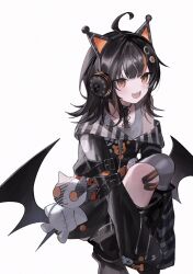  1girl :d ahoge animal_ear_headphones animal_ears arm_belt asymmetrical_legwear asymmetrical_sleeves bandaid bandaid_on_leg bare_shoulders bat_wings belt belt_collar black_choker black_hair black_nails black_shoes black_socks black_sweater cat_ear_headphones cat_ears choker collar commentary_request eyeball_hair_ornament fake_animal_ears headphones highres knees_up long_sleeves loose_socks mahou_shoujo_no_majo_saiban multicolored_hair nail_polish off-shoulder_sweater off_shoulder open_mouth orange_eyes orange_nails orange_streaks pantyhose sakana_clo sawatari_coco sharp_teeth shirt shoes short_hair simple_background single_bare_shoulder single_leg_pantyhose sitting skull sleeveless sleeveless_shirt smile socks solo streaked_hair striped_clothes striped_pantyhose striped_sleeves stuffed_animal stuffed_cat stuffed_toy sweater teeth white_background white_shirt wings 