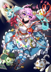  1girl alternate_costume apron back_bow bird black_hairband black_shoes bloomers blue_dress blue_thighhighs bow byakko_(mythology) card club_(shape) commentary_request diamond_(shape) disembodied_linked_eye dragon dress eastern_dragon eyeball frilled_dress frills full_body genbu_(mythology) hairband heart highres holding holding_wand komeiji_satori komeiji_satori_(astrological_magical_girl) loki_310_11 looking_at_viewer mary_janes monocle multicolored_thighhighs open_mouth phoenix pink_eyes pink_hair playing_card puffy_short_sleeves puffy_sleeves seiryuu_(mythology) shoes short_hair short_sleeves small_dragon solo spade_(shape) striped_clothes striped_thighhighs suzaku_(mythology) thigh-highs tiger touhou touhou_lostword two-tone_thighhighs wand white_apron white_bloomers white_bow white_thighhighs white_tiger 