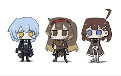  3girls ahoge angela_(project_moon) ascot blue_coat blue_eyes blue_hair book brown_coat brown_eyes brown_hair chibi chibi_only coat ena_25ji full_body hair_ornament hairband hairclip highres hod_(project_moon) holding holding_book library_of_ruina long_hair long_sleeves malkuth_(project_moon) medium_hair multicolored_hair multiple_girls no_nose project_moon red_hairband simple_background very_long_hair white_background yellow_eyes 