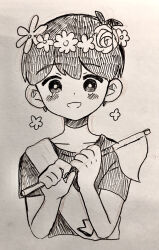  1boy absurdres alternate_costume alternate_universe antenna_hair blush bright_pupils collarbone commentary_request double-parted_bangs flag flower flower_wreath greyscale head_wreath highres holding holding_flag looking_at_viewer monochrome omori open_mouth shirotsume_143 shirt short_hair short_sleeves smile solo sunny_(omori) t-shirt traditional_media upper_body 