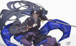  1girl absurdres animal_ears arknights armor bad_anatomy bad_hands beads black_hair black_kimono breasts chinese_commentary closed_eyes clothing_cutout commentary_request dated dog_ears dog_girl dynamic_pose elbow_gloves facial_mark feet_out_of_frame floating_hair forehead_mark gloves highres hip_vent holding holding_polearm holding_weapon japanese_armor japanese_clothes kimono knee_pads kusazuri long_hair medium_breasts naginata pants parted_bangs polearm prayer_beads purple_gloves purple_pants saga_(arknights) signature single_elbow_glove solo very_long_hair weapon weiqi_ban_ge_yue 
