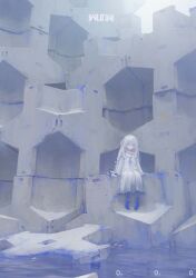  1girl absurdres ahoge bare_shoulders blue_eyes blue_socks dress expressionless grey_theme hang000 highres long_hair long_sleeves looking_at_viewer messy_hair original sitting socks solo water white_dress white_hair wide_shot 