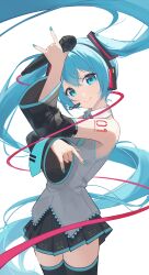  1girl \m/ absurdres black_skirt black_thighhighs blue_eyes blue_hair blue_nails blue_necktie cable closed_mouth collared_shirt commentary cowboy_shot detached_sleeves double_\m/ floating_hair grey_shirt hair_ornament hatsune_miku headphones highres holding holding_microphone hootari long_hair looking_at_viewer microphone miniskirt necktie pleated_skirt posing shirt shoulder_tattoo simple_background skirt sleeveless sleeveless_shirt smile solo tattoo thigh-highs triangle_hair_ornament twintails very_long_hair vocaloid white_background zettai_ryouiki 