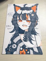  1girl ahoge animal_ear_headphones animal_ears arm_belt bare_shoulders belt_collar black_choker black_hair black_sweater cat_ear_headphones cat_ears choker collar commentary_request eyeball_hair_ornament fake_animal_ears headphones highres kotokoto_(555555351o) long_sleeves looking_at_viewer mahou_shoujo_no_majo_saiban multicolored_hair off-shoulder_sweater off_shoulder open_mouth orange_eyes orange_streaks sawatari_coco sharp_teeth shirt short_hair simple_background single_bare_shoulder sleeveless sleeveless_shirt smile solo speech_bubble streaked_hair sweater teeth thank_you traditional_media translation_request upper_body upper_teeth_only white_background white_shirt 