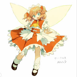 1girl ascot black_shoes blue_eyes canariadraw character_name commentary_request dress fairy fairy_wings frilled_dress frills full_body headdress highres orange_hair red_dress shoes short_hair short_sleeves simple_background socks solo sunny_milk touhou translated two_side_up white_background white_dress white_socks wings yellow_ascot 