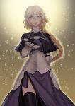  1girl armor armored_dress black_legwear blonde_hair braid briska capelet fate/apocrypha fate_(series) faulds gauntlets headgear long_hair long_skirt outstretched_hand ruler_(fate/apocrypha) side_slit single_braid skirt smile solo thigh-highs violet_eyes 