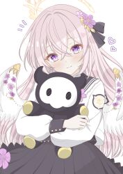  1girl absurdres azusa_(blue_archive) black_ribbon black_sailor_collar black_skirt blue_archive blush closed_mouth commentary cowboy_shot crescent_halo crossed_arms crossed_bangs eyelashes feathered_wings flower frilled_sailor_collar frills grey_hair hair_between_eyes hair_flower hair_ornament hair_ribbon halo head_tilt heart highres holding holding_stuffed_toy long_hair long_sleeves looking_at_viewer low_wings mochiusa_cocoa notice_lines pink_flower pink_rose pleated_skirt puffy_long_sleeves puffy_sleeves purple_flower ribbon rose sailor_collar sailor_shirt school_uniform serafuku shirt sidelocks simple_background skirt skullman_(blue_archive) smile solo split_mouth stuffed_toy very_long_hair violet_eyes white_background white_shirt white_wings wing_flower wings yellow_halo 