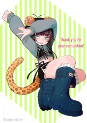  1girl ahoge animal_ears aqua_eyes arms_up artist_name black_hair black_shorts blunt_bangs blush boots canariadraw commentary_request commission crop_top cropped_hoodie english_text fang full_body green_background grey_hoodie highres hood hoodie knee_boots leopard_ears leopard_tail long_sleeves looking_at_viewer midriff multicolored_hair navel open_mouth original pink_hair shirt short_hair short_shorts shorts simple_background skeb_commission sleeves_past_wrists smile socks solo streaked_hair striped_background tail thank_you thighs twitter_username white_socks 