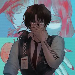  1boy apple arm_tattoo black_vest blood brown_hair collared_shirt commentary constricted_pupils covering_own_mouth crying english_commentary food fruit glasses gregor_(project_moon) hand_over_own_mouth hand_up highres id_card kuroha_ai limbus_company long_hair low_ponytail male_focus necktie ponytail project_moon shirt sleeves_rolled_up solo_focus tattoo tears tomah_(project_moon) upper_body vest white_shirt wide-eyed yuri_(project_moon) 